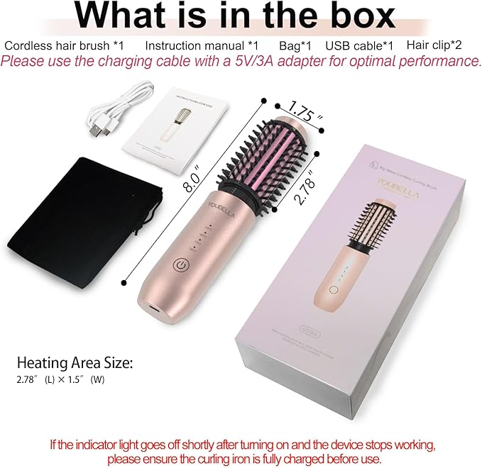 Youbella Cordless Hair Curling Iron Brush Mini Travel Hot Straightener Comb 3-in-1 Portable Wave Curling Wand 1.5″ Ionic Heated Brush USB Rechargeable Hair Curler Pink – No Automatic Rotation