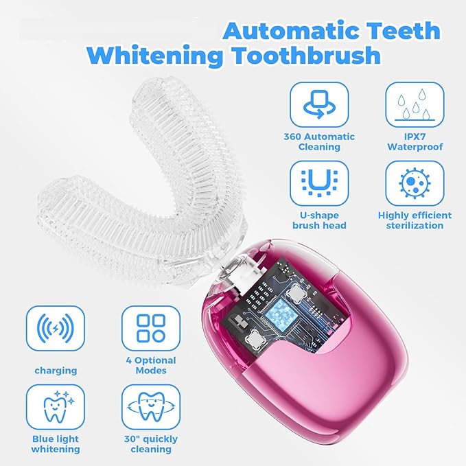 Electric Toothbrush Adults U Shaped Automatic toothbrushes360° Whole Mouth Cleansing 3 Cleaning ModesRechargeable Waterproof (Black)