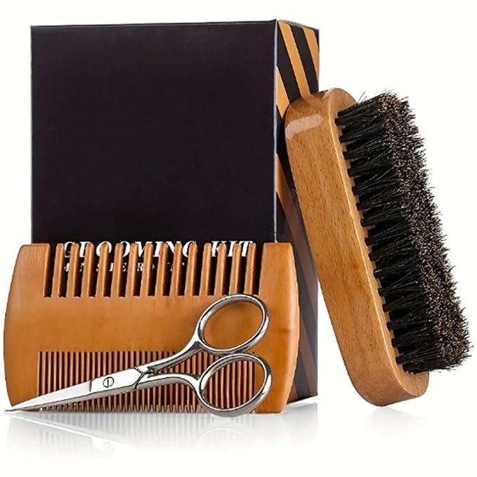Beard Grooming Kit For Men With Boar Bristle Brush And Wooden Comb Beard Care Set For Mustache And Facial Hair