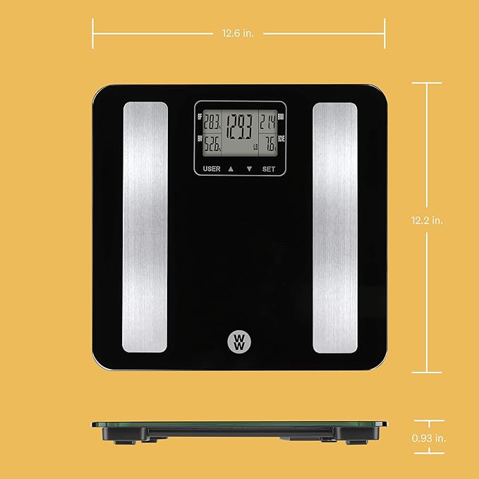 Weight Watchers Scales by Conair BathroomScale for Body WeightGlass Digital Scale with Body Analysis Measures Body Fat Body WaterBMI &amp Bone Mass for 4 Users Measures Weight up to 400 Lbs.in B