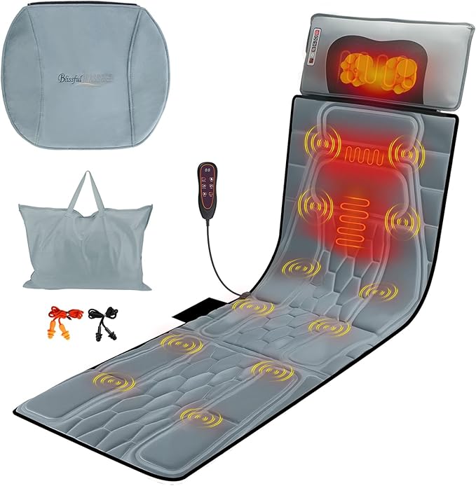 KOCASO Flannel Full Body Massage Mat Multifunctional Massage Chair Pad with Heat Timer Shiatsu Neck Massager Carry Bag Earplugs Anti-Slip Bottom for Reclining Chair