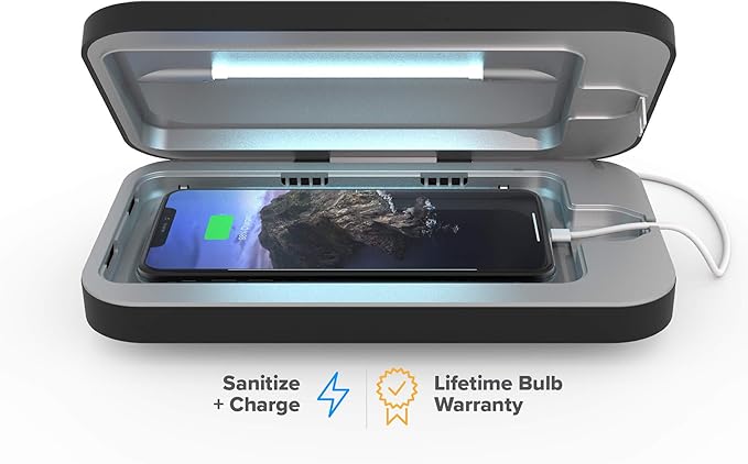 PhoneSoap 3 UV Cell Phone Sanitizer &amp Dual Universal Cell Phone Charger Box | Patented &amp Clinically Proven 360-Degree UV-C Light Sanitizer | Disinfects and Charges All Phones (Black)