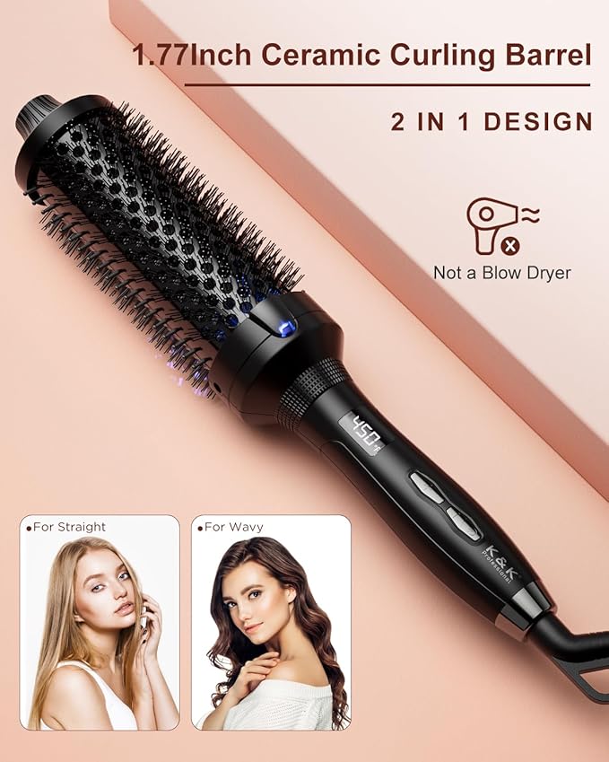 K&ampK Thermal Brush for Blowout Look Pro 1.77 Inch Heated Round Brush with Ceramic Tourmaline Coating Ionic Makes Hair Smoother Get Natural Curls 122-446°F Dual Voltage for Travel