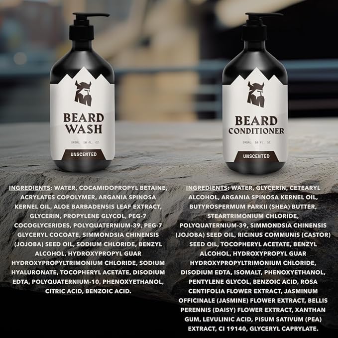 Striking Viking Unscented Beard Wash &amp Conditioner - 10 Fl Oz Pack of 2 - Deep Cleansing Oil Formula - Soothing Softener with Jojoba Oil - Itch-Free Gentle Hydration for Beard Care