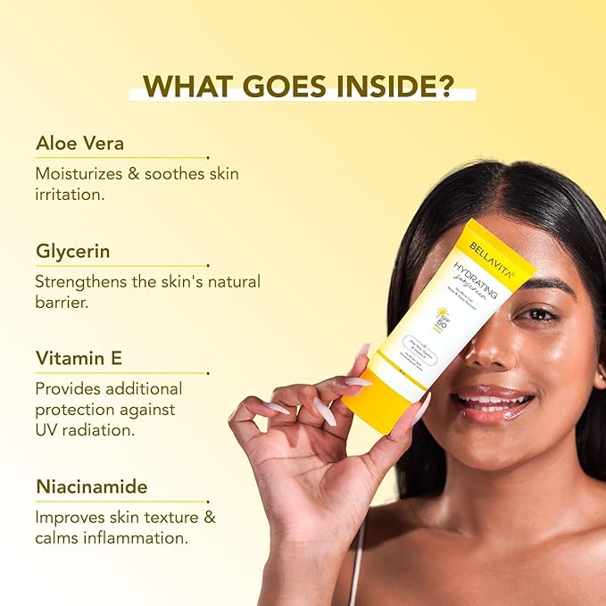 B.e.l.l.a Vita Water based Hydrating Unisex Sunscreen | SPF 50 Lightweight PA+++ | For All Skin Types No White Cast Non - Greasy Finish UV Protection | For Men &amp Women 50ml.