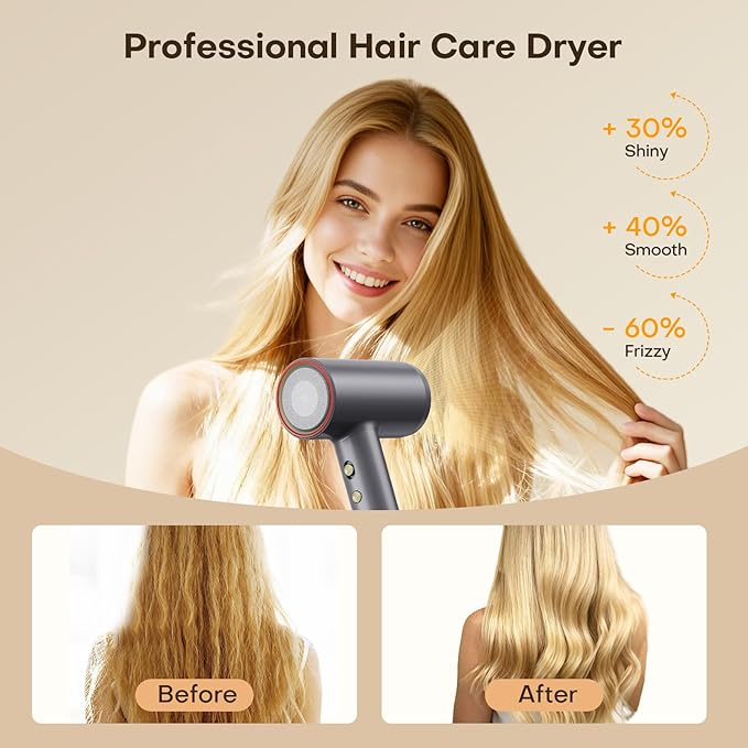 High Speed Hair Dryer 110000 RPM with 200 Million Negative Ions Ionic Blow Dryer Frizz Free Fast Drying for Women Low Noise Lightweight Thermo Control for All Hair Types