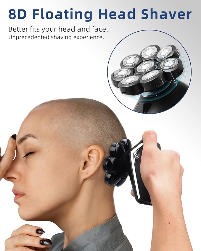 Head Shaver 8D - Electric Razor for Bald Men With Wet and Dry - Cordless Rechargeable Ergonomic Design - Multifunctional