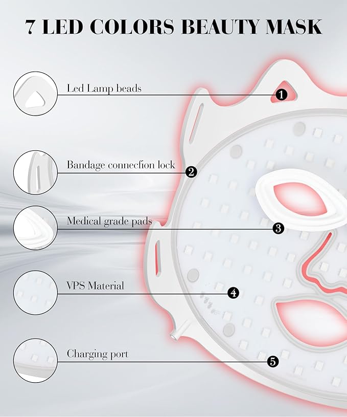 Red Light Mask for Face 7-1 Colors Facial Care Mask 850nm Infrared &amp Red Light Masks Ergonomic Design for Home &amp Travel White