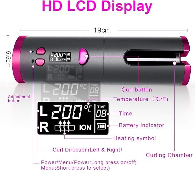 Wireless Auto Hair Curler with Adjustable Temperature and Timer Automatic Cordless Curling Iron with LCD Display Portable Rechargeable Rotating Fast Heating Hair Wand for Style