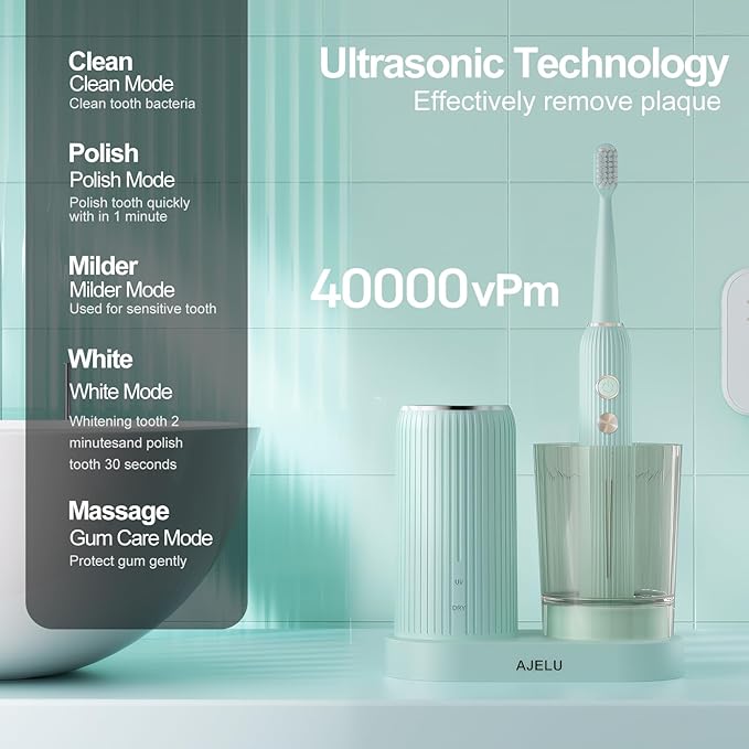Rechargeable Sonic Toothbrush with Drying Holder 8 Brush Heads Smart Timer Waterproof Design – Mint Green Edition