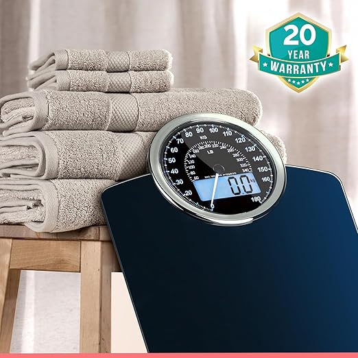 Adamson Hybrid 2-in-1 Analog &amp Digital Weighing Scale for Body Weight up to 400lbs - Thick Tempered Glass - Extra Large Display - Easy to Read Digital Bathroom Scale - Blue with Black Backlight