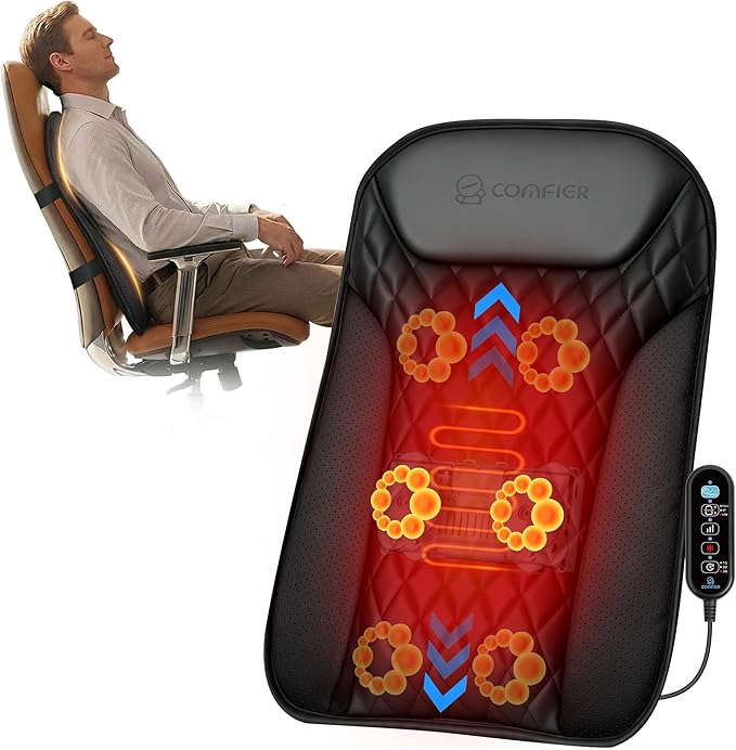 COMFIER Ultra-Slim Heated Back Massager for ChairDeep Tissue Shiatsu Back Massager with HeatUp–Down Moving 10 Massage NodesUpper/Lower/Full Back ReliefGift for Women &amp Men