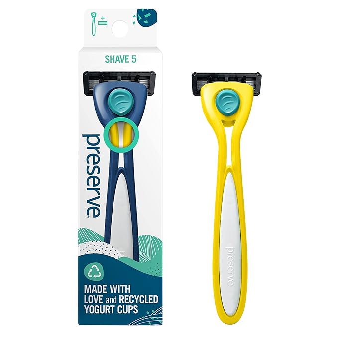 Preserve Shave 5 Five Blade Refillable Razor Made from Recycled Materials Sunshine Yellow and Preserve Five Blade Replacement Cartridges Wave Edition (4 Count) Bundle
