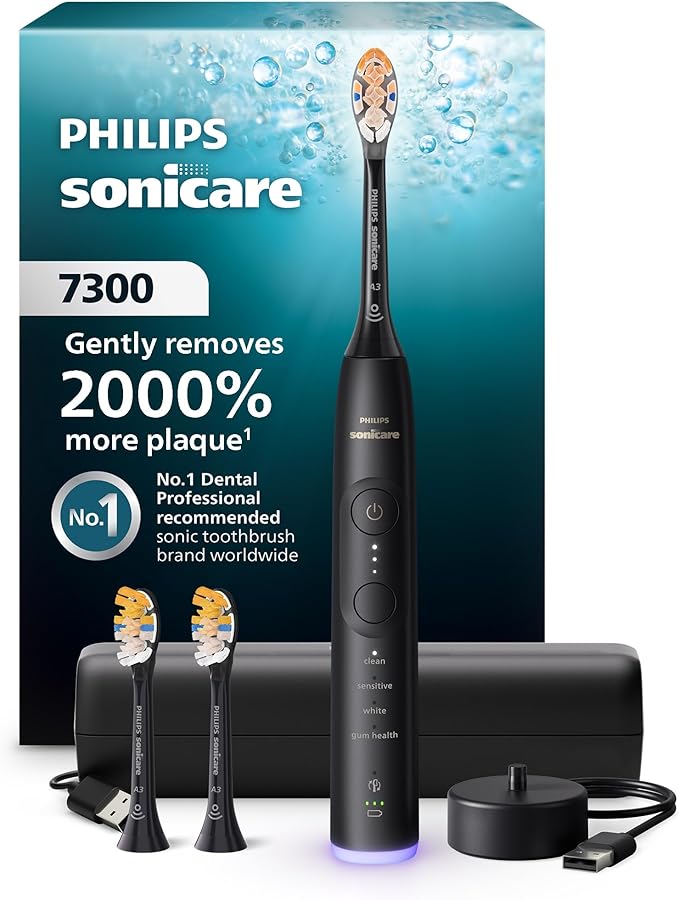 Philips Sonicare 7300 Series Electric Toothbrush - Next-Generation Sonicare Technology Pressure Sensor 12 Brushing Settings SmarTimer BrushPacer 21-Day Runtime Travel Case Black HX7421/07