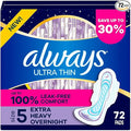 Always Ultra Thin Extra Heavy Overnight Pads with Wings Size 5 72 Count