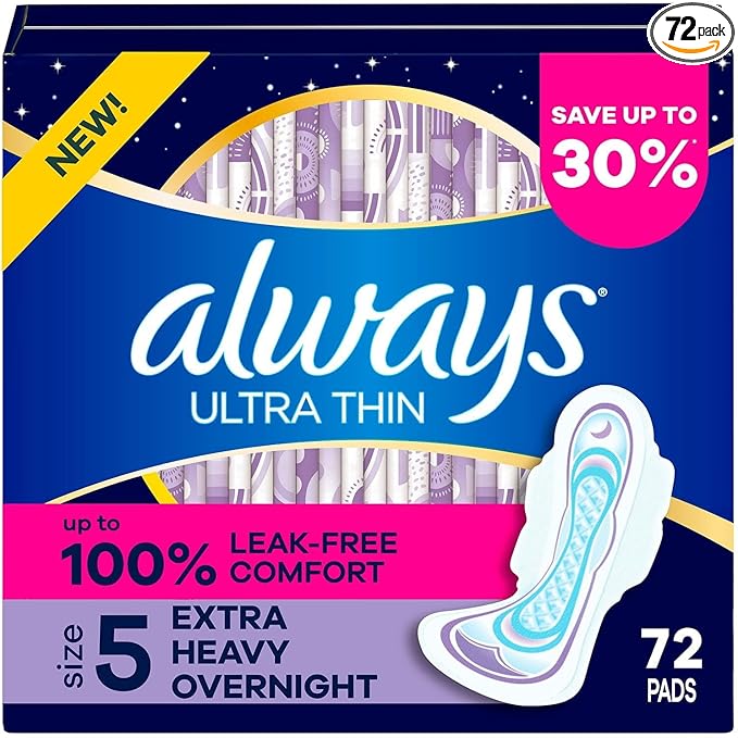 Always Ultra Thin Extra Heavy Overnight Pads with Wings Size 5 72 Count