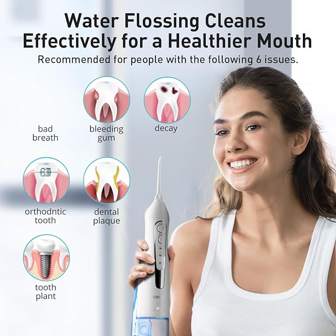 COSLUS Water Dental Flosser Teeth Pick C20(F5020E): Portable Cordless Oral Irrigator 300ML Rechargeable Travel Irrigation Cleaner IPX7 Waterproof Electric Flossing Machine for Teeth Cleaning White
