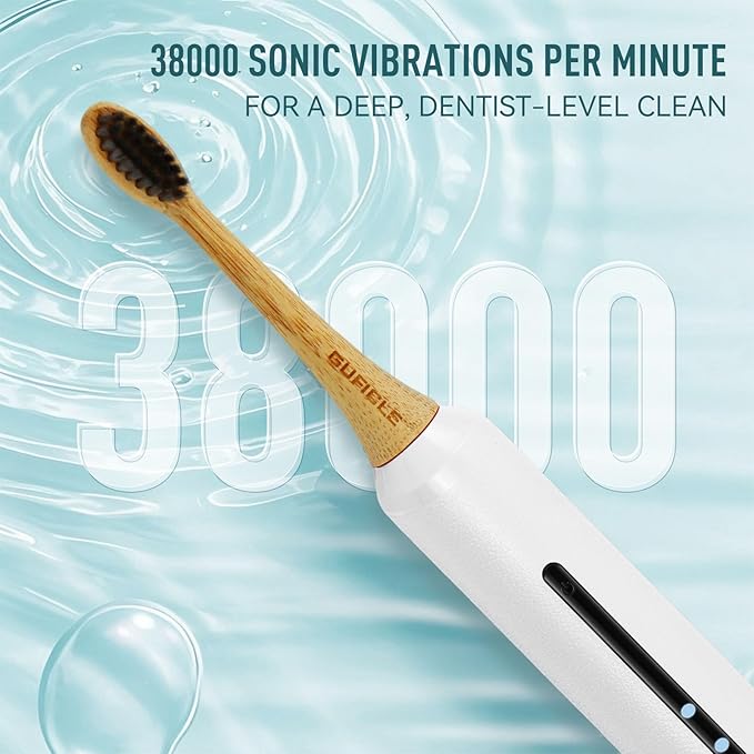 Bamboo Electric Toothbrush for Adults丨Rechargeable Electric Toothbrush with 3 Non Toxic Charcoal Infused Bamboo Brush Heads 5 Cleaning Modes 60 Days Battery Life IPX7 Waterproof-White