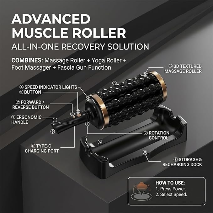 Electric Rolling Percussion Massager Deep Tissue Muscle Massager and Back Roller 5-Speed Rechargeable for Legs Foot &amp Calf Massage (Blue)