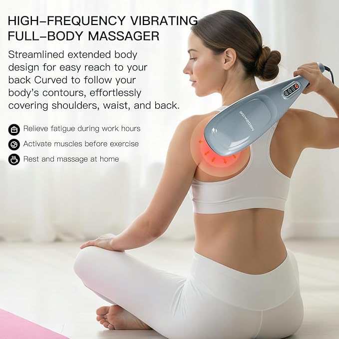 MEGAWISE Handheld Back Massager | Deep Tissue Percussion Massage for Back Neck Shoulders Waist and Legs (Silver Grey) with 6ft Power Cord Ergonomic Handle
