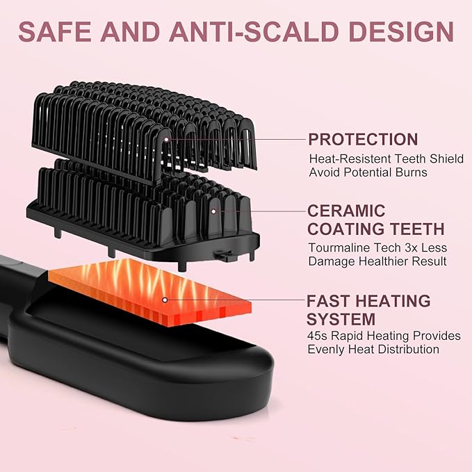 Hair Straightener Brush - SIQUER Ionic Hair Straightening Brush with 13 Temps LCD Display 45s Fast Heating 60mins Auto-Off Anti-Scald Ceramic Hair Straightener Comb for Home Salon Black