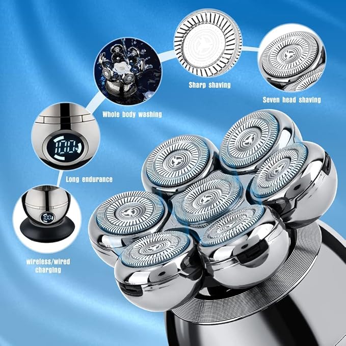 Head Shavers for Bald Men Wjiang 6 in 1 Electric Razor Mens Shaver Wet Dry Cordless Electric Skull Shavers 7D Floating Rechargeable Bald Head Shaver Back for Men Father's Day Gifts