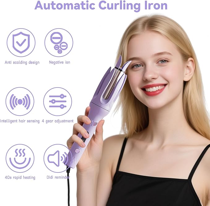 Automatic Curling Iron Rotating Curling Iron with 4 Temps &amp Display Screen 40S Fast Heating Hair Curlings Wand Anti-Tangle Anti-Scald Wave Curling Irons Ceramic Hair Curler for Women (Purple)