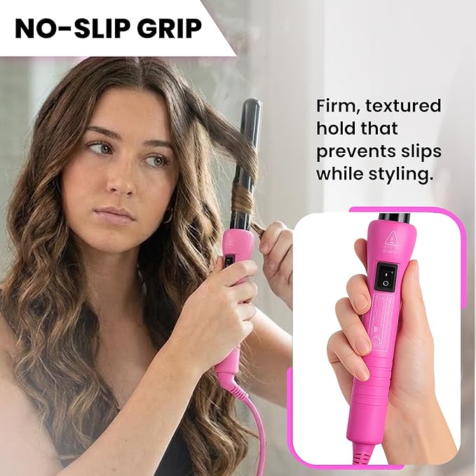 HerStyler Grande Ceramic Curling Iron - 1 inch Pink (Curling Wand for Long Short Hair Dual Voltage Negative Ions Tapered Barrel User Friendly PF30)