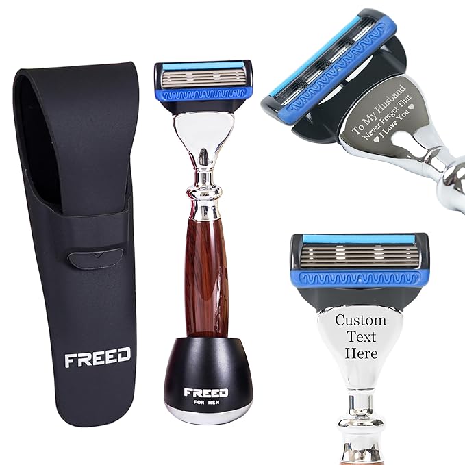FREED Customized gifts Engraving Shaving Kit - Safety Razor with metal handle include razor base razor travel case and 5 Razor Blade Refillsit's the best gift for men (Purple-Brown)