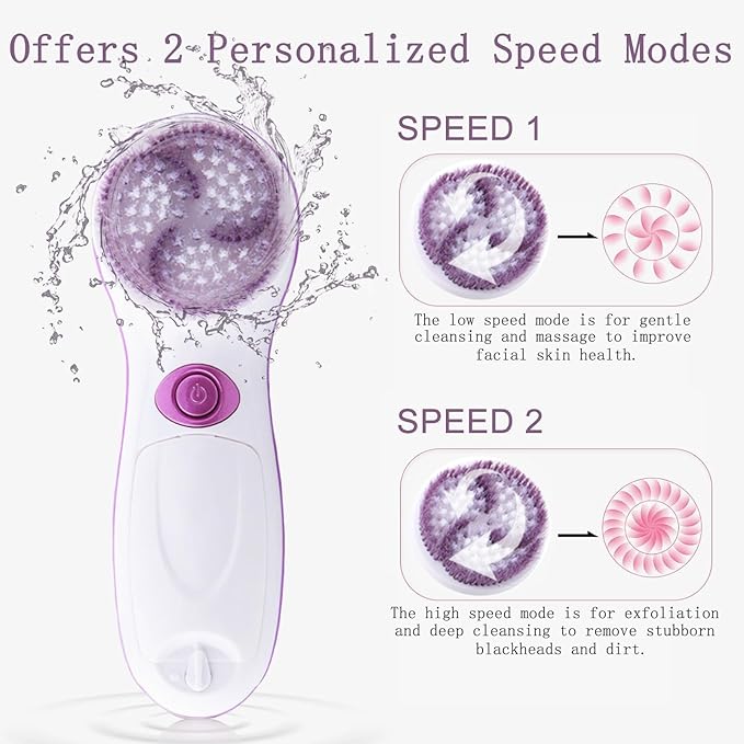 5 in 1 Electrical Facial Cleansing Brush Multi-Function Face Wash Brush with Travel Case and 5 Brush Heads Portable Face Scrubber with 2 Adjustable Speeds for Skin Cleaning and Exfoliating (Purple)