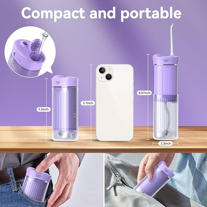 JTF Portable Water Flosser for Travel: Compact Mini Design 3 Modes &amp 8 DIY Pressure Levels for Sensitive Teeth &amp Braces - with 5 Nozzles &amp Removable 230ml Tank Cordless Oral Irrigator fo