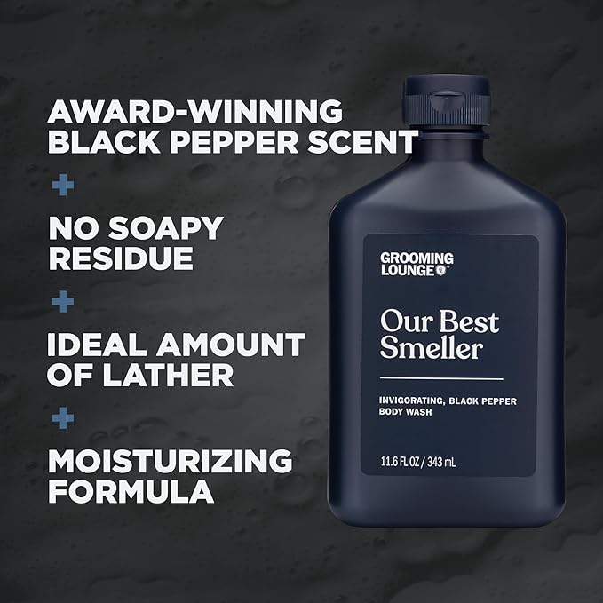 Grooming Lounge Our Best Smeller Body Wash - Moisturizing Clarifying Foaming Shower Scrub - Fresh Classic Suave Fragrance of Acai Aloe Vera Seaweed and Black Pepper - Dry Skin Defense - 11.5 oz