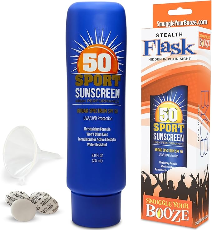 Hidden SPF50 Sunscreen Lotion Flasks 2 Pack by Smuggle Your Booze - 5 Tamper-Proof Seals | Discreet Plastic Flask for Liquor Disguise for Cruises Travel Concerts Festivals | 10 oz Each |