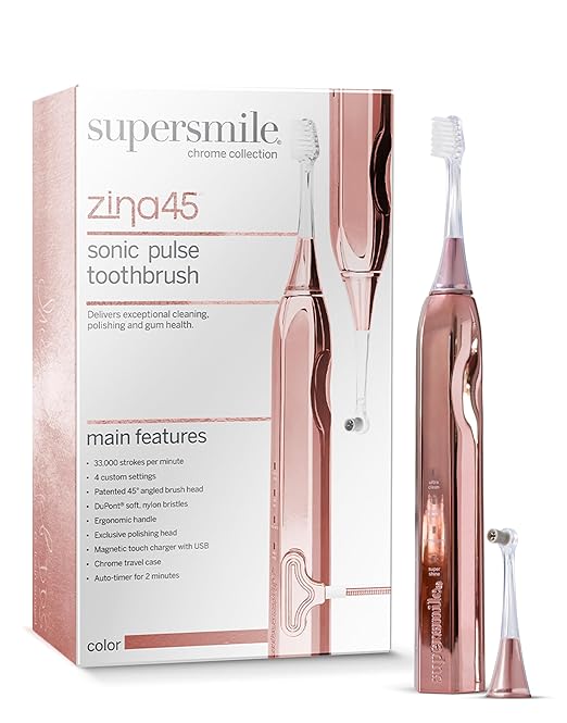 Supersmile Zina45™ Deluxe Sonic Pulse Toothbrush – Rechargeable Electric Brush with Angled Head &amp Travel Case – for Whiter Teeth and Healthier Gums