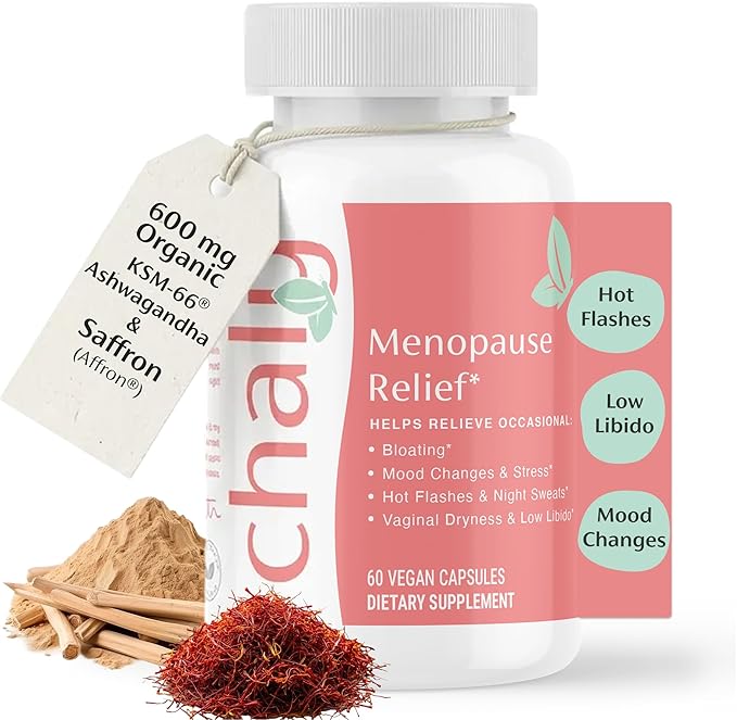 Chaly Menopause Supplements for Women with Ashwagandha KSM 66 and Saffron | Hot Flash Bloating Libido Vaginal Dryness Stress and Mood Support Supplement | Menopause Relief Supplements | 60 Count
