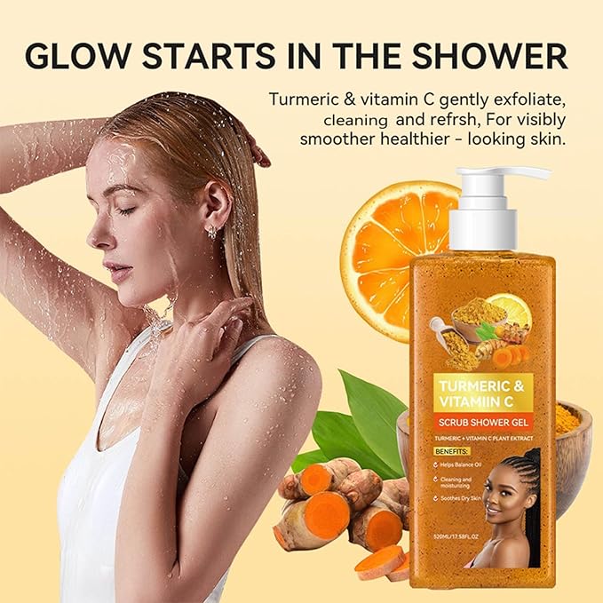 Turmeric Vitamin C Scrub Body Wash - Moisturizing Hydrating Exfoliating Body Wash Deep Cleansing Evens Skin Tone Improves Texture Gentle Exfoliating Shower Gel for All Skin Types 17.58 oz