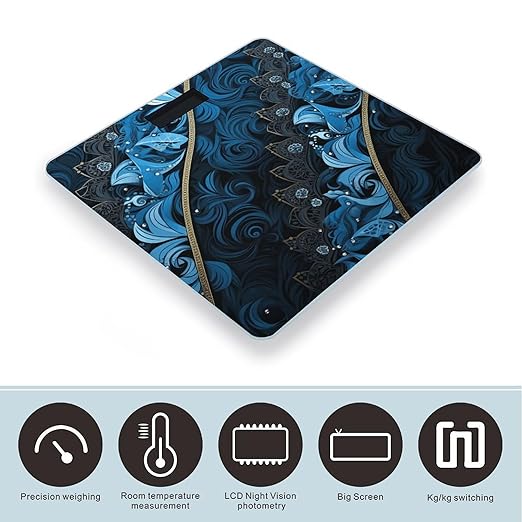 Blue and Black Pattern Scale for Body Weight Highly Accurate Digital Bathroom Scale Sturdy Tempered Glass Weighing Scales with LCD Display Fashion Body Fat Smart Scales 400lb