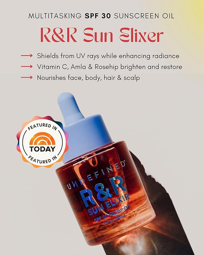 Undefined R&ampR Sun Elixir SPF 30 – Multitasking Glow Oil with Vitamin C Water-Resistant Sunscreen Rose &amp Vanilla Scent to brighten and protect face body hair from UV damage