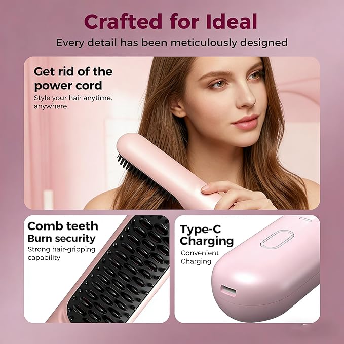 Cordless Hair Straightener Brush - Ionic Portable Straightening Comb with 3 Temp Settings 30s Fast Heating &amp Ceramic Care USB-C Rechargeable Mini Heated Brush for Short Hair &amp Travel (Pink)