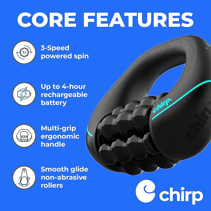 Chirp RPM Mini - Rolling Percussive Massager Percussive Therapy Whole Body Relief Deep Tissue and Muscle Recovery Percussion Massage Rechargeable Hands-Free Base Powerful 3-Speed Spin