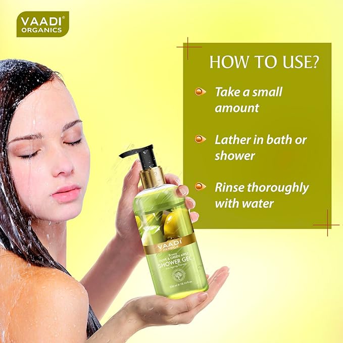 Vaadi Herbals Shower Gel - Sulfate-Free - Herbal Body Wash Both For Men And Women - 300 Ml (10.14 Fl Oz) - (Breezy Olive &amp Green Apple) (1 Bottle)