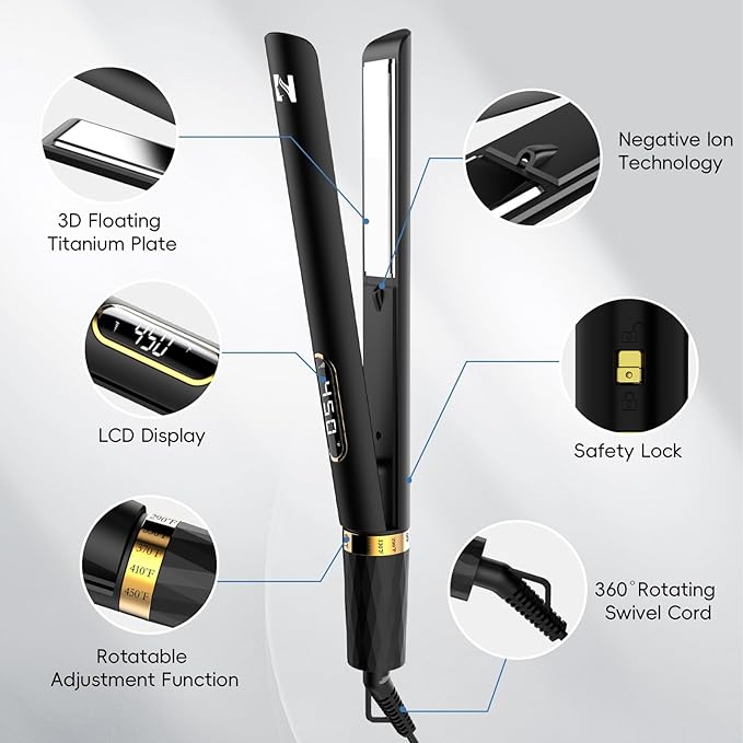 Nicebay Flat Iron Hair Straightener 1 Inch Titanium Hair Straightener &amp Curler Fast Heating5 Temp Settings Negative Ion TechnologyTravel-Friendly Smooth Salon Design