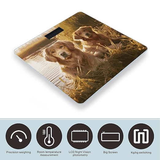 Two Golden Retrievers Scale for Body Weight Anti-Slip Sturdy Tempered Glass Weighing Machine Highly Digital Accurate Bright LCD Bathroom Scale for Household Gift