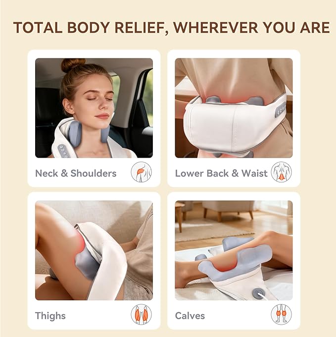 Cordless 4D Shiatsu Neck Massager with Heat - Deep Tissue Kneading Pillow for Back &amp Leg Pain Relief Portable Rechargeable Gift for Men &amp Women Ivory White