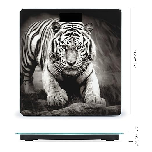 Black and White Tiger Scale for Body Weight Anti-Slip Tempered Glass Digital Bathroom Scales Clear LCD Display Weighing Scale Safe Rounded Corners Smart Scales