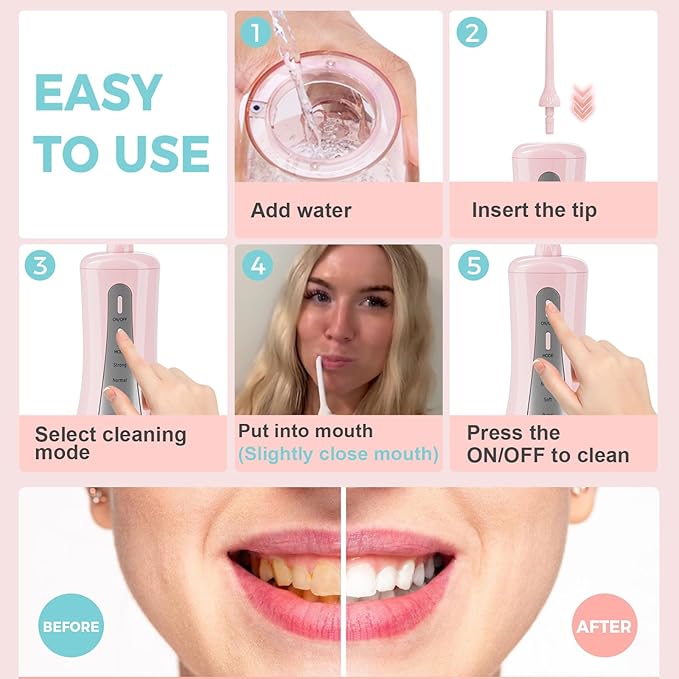 2026 New 350ML Water Flosser with Drainage &amp Storage Stand Keeps Dry &amp Clean 5 Modes 360°Nozzle Cordless Rechargeable IPX7 Waterproof Portable for Home &amp Travel (Pink)