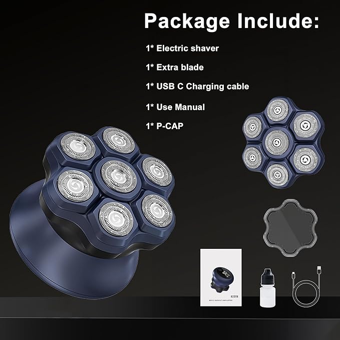 Upgraded 7D Head shavers for Bald MenBald Head Electric RazorsWaterproof Dry Wet Rotary Shavers/Razor for Balder with an Extra agnetic Head（Blue）