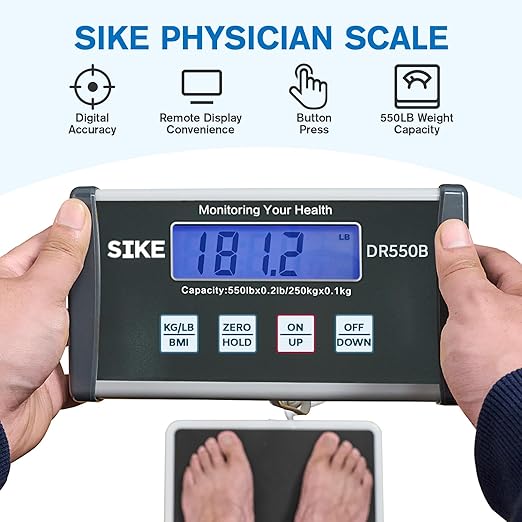 SIKE Digital Physician BMI Scale Medical Floor Scale for Body Weight 550 lb Limit Professional Weight Scale Portable Easy to Read Digital Display Heavy Duty 12.5 x 12 Platform
