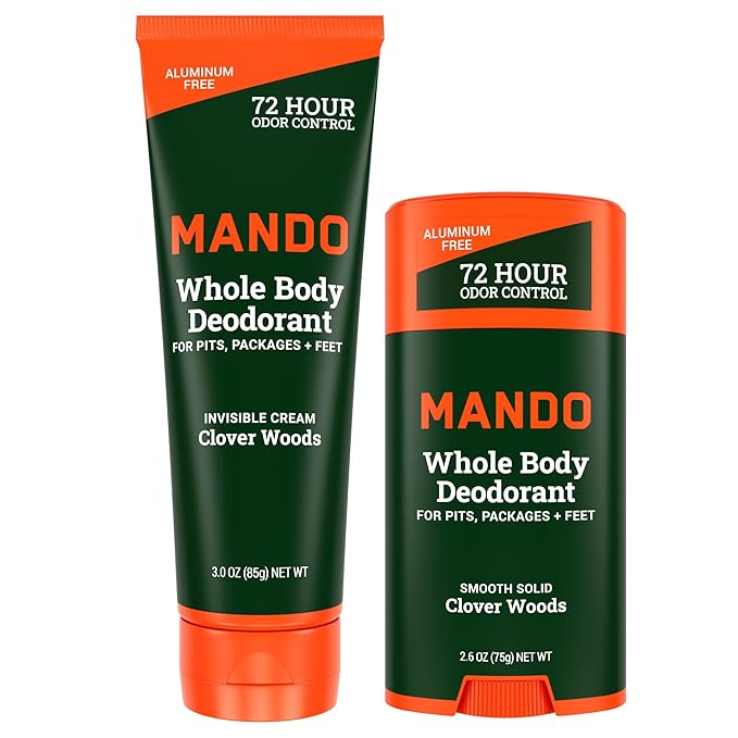 Mando Whole Body Deodorant - Invisible Cream Tube and Solid Stick - 72 Hour Odor Control - Aluminum Free Baking Soda Free Skin Safe - 3.0 Oz Tube and 2.6 Oz Solid Stick - Clover Woods