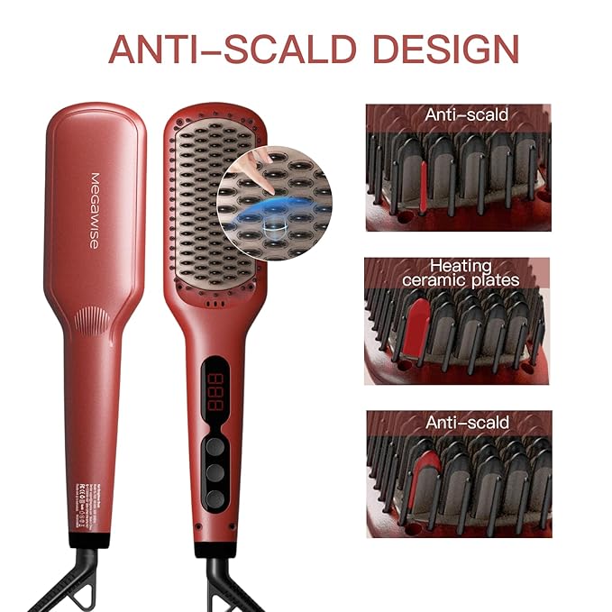 Megawise Pro Ceramic Ionic Hair Straightener Brush – Fast 20s Heating Auto-Off Anti-Scald Dual Voltage Rotatable Power Cord – Home Salon Styling (Tomato Red)